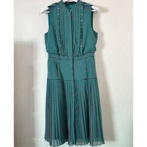 Karen Millen Womens Striped Sleeveless Pleated Midi Dress Size 8 Green A-Line